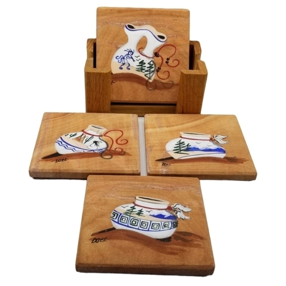 Drink Beverage Coasters Hand Painted Wood Holder Native American Southwest Set 4 - Picture 2 of 11